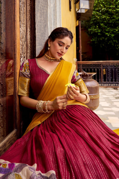 Red Poly Kalamkari Printed Chanderi Lehenga Choli