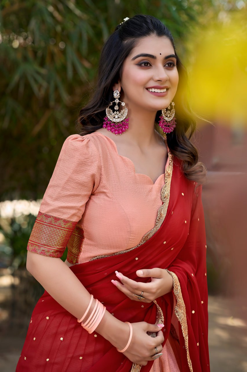 Peach Cotton Silk Lehenga Choli Thread Embroidery with Drape Georgette Dupatta