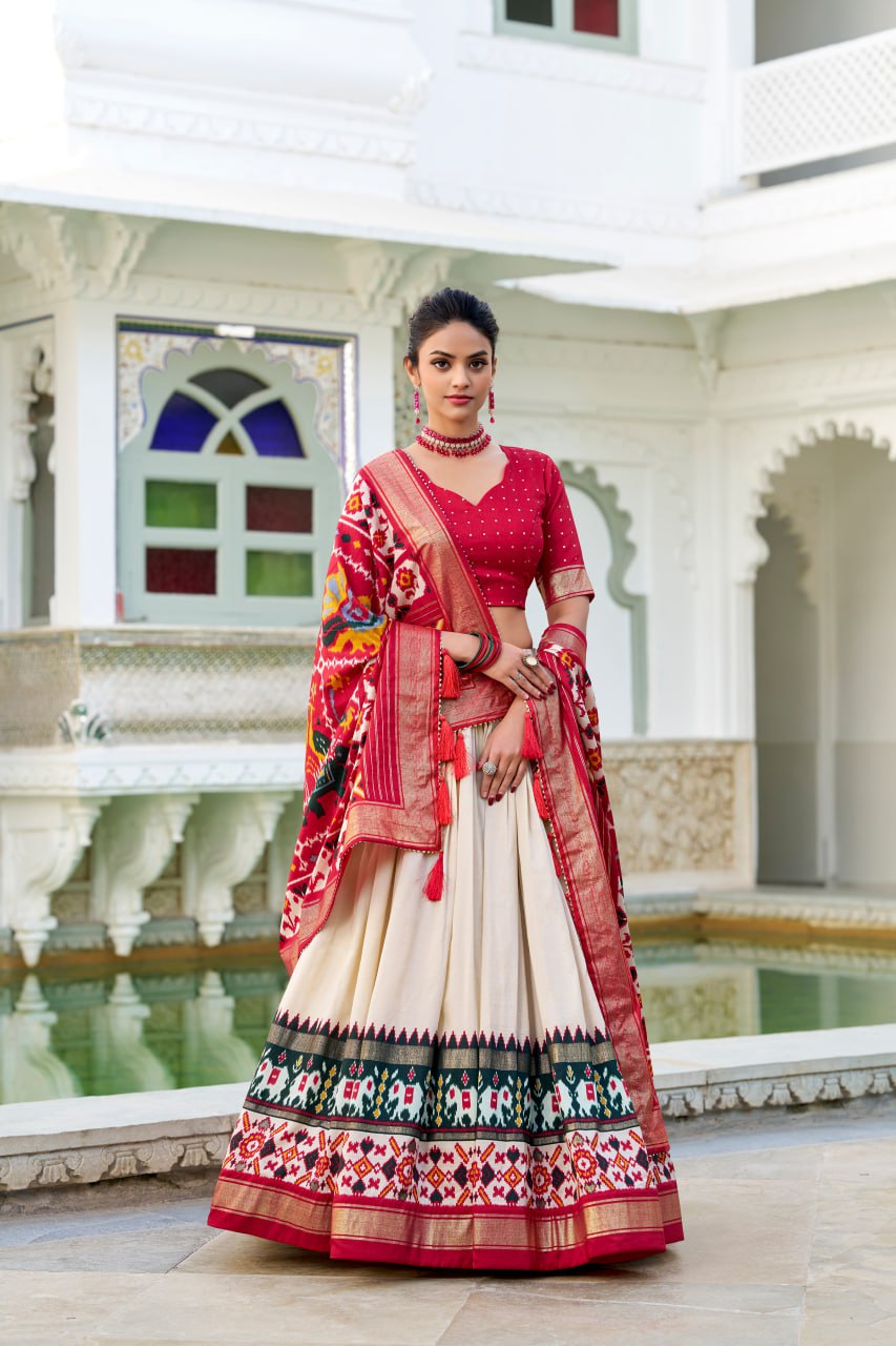 Tussar Silk Traditional Cream Patola Print Chaniya Choli for Navratri with Foil Work & Gotta Patti Dupatta