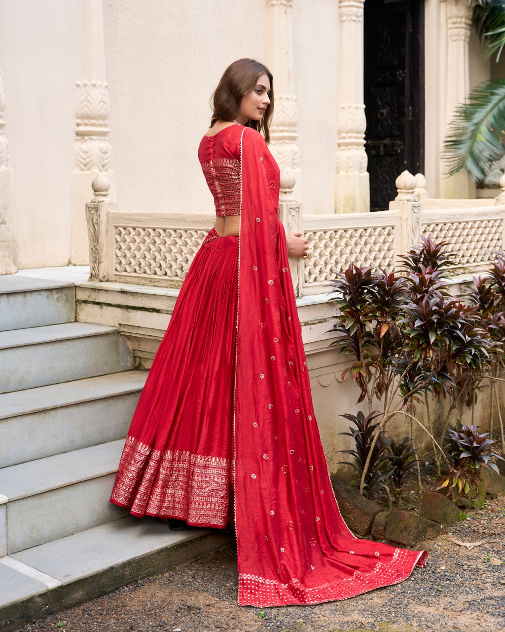 Pure Chanderi Red Chaniya Choli for Navratri with Zari Weaving Border & Sequins Dupatta