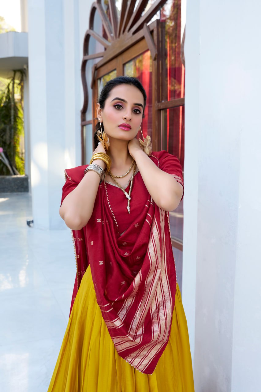 Designer Pure Chanderi Mustard Yellow Bridal Lehenga Choli with Zari Weaving Work & Dupatta