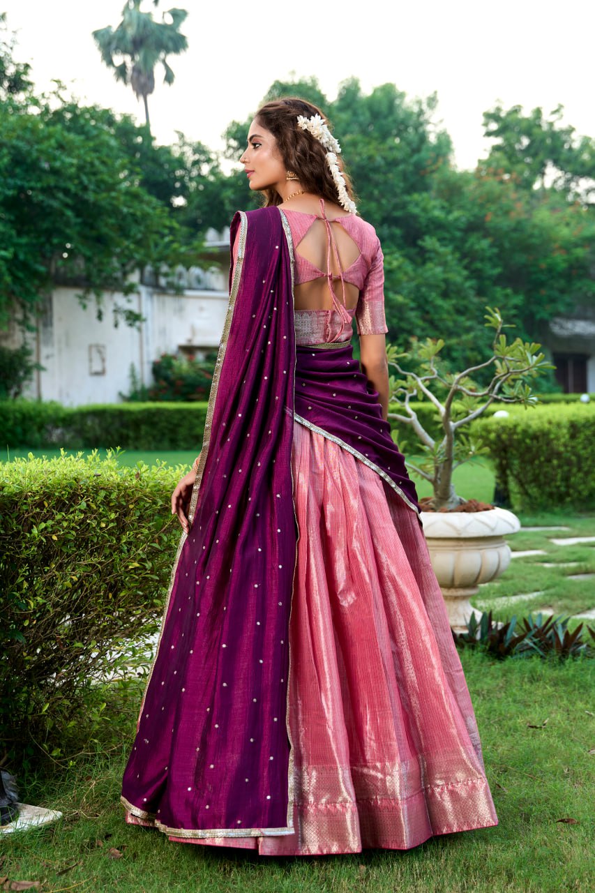 Pink Kanchipuram Lehenga Choli with Zari Weaving Work & Vichitra Silk Embroidered Dupatta