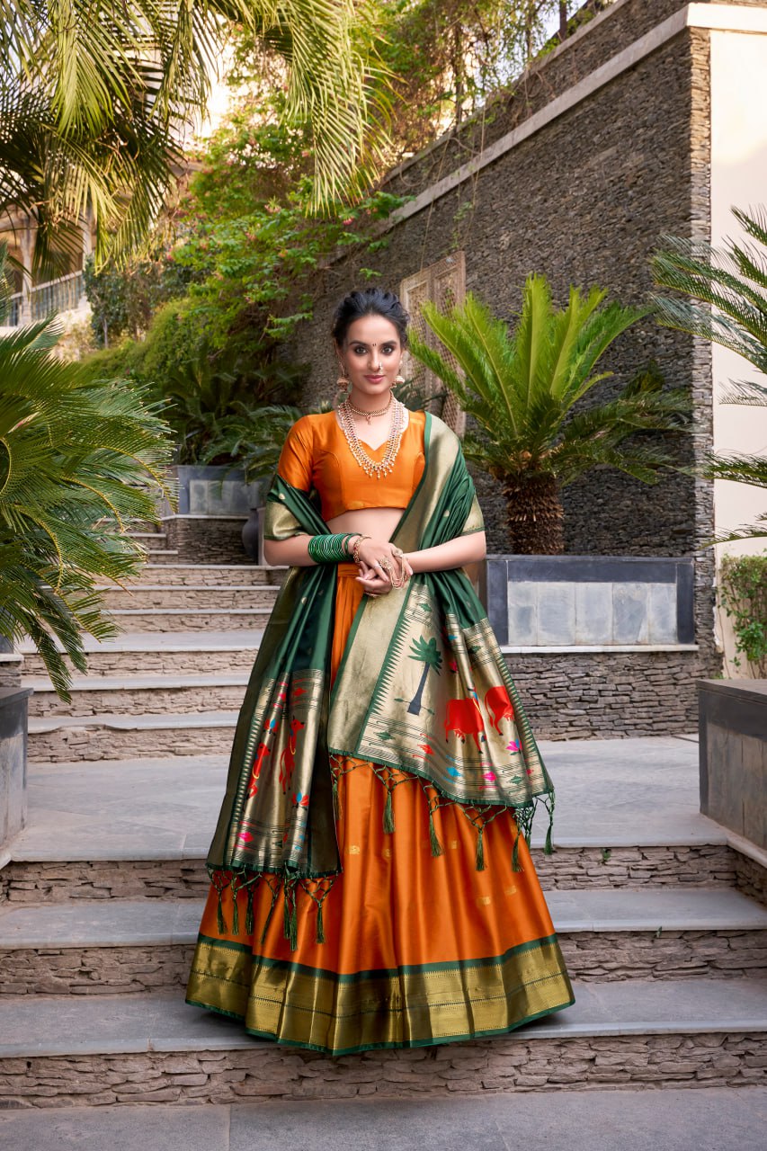 Orange Premium Paithani Lehenga Choli with Zari Weaving Work