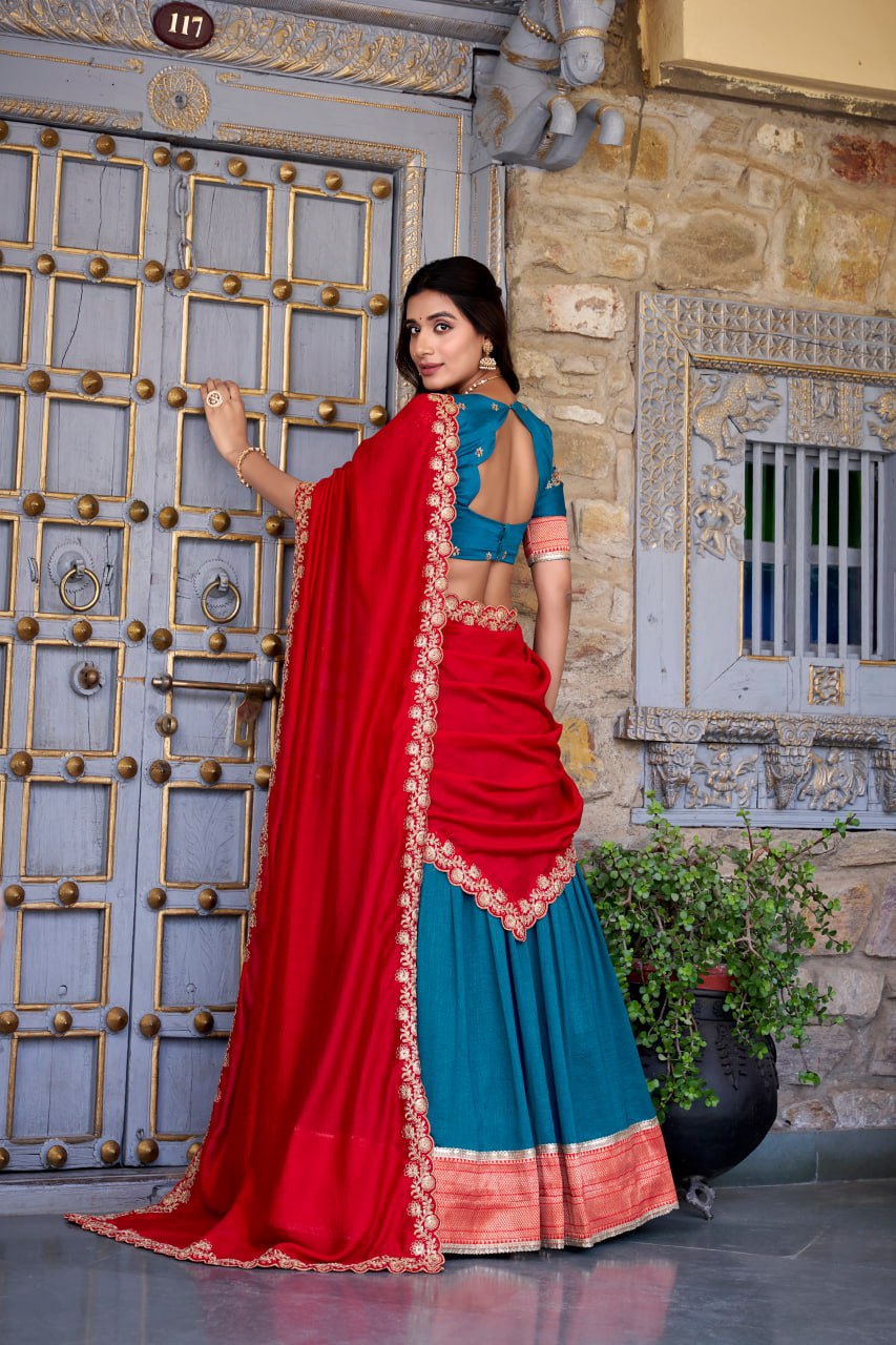 Teal Blue Party Wear Lehenga Choli with Zari Weaving & Dupatta
