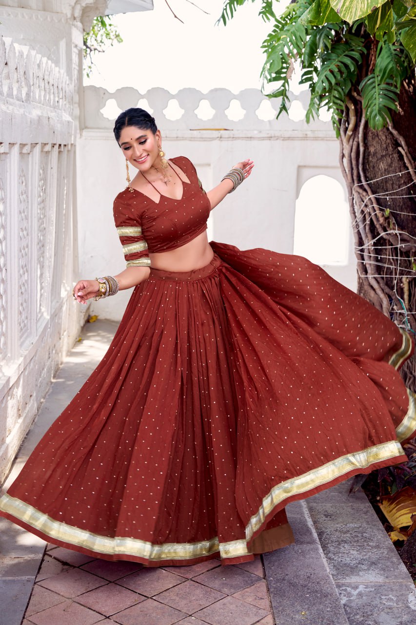 Rust Orange Pure Chanderi Silk Lehenga Choli With Zari Weaving & Lace Touch Up