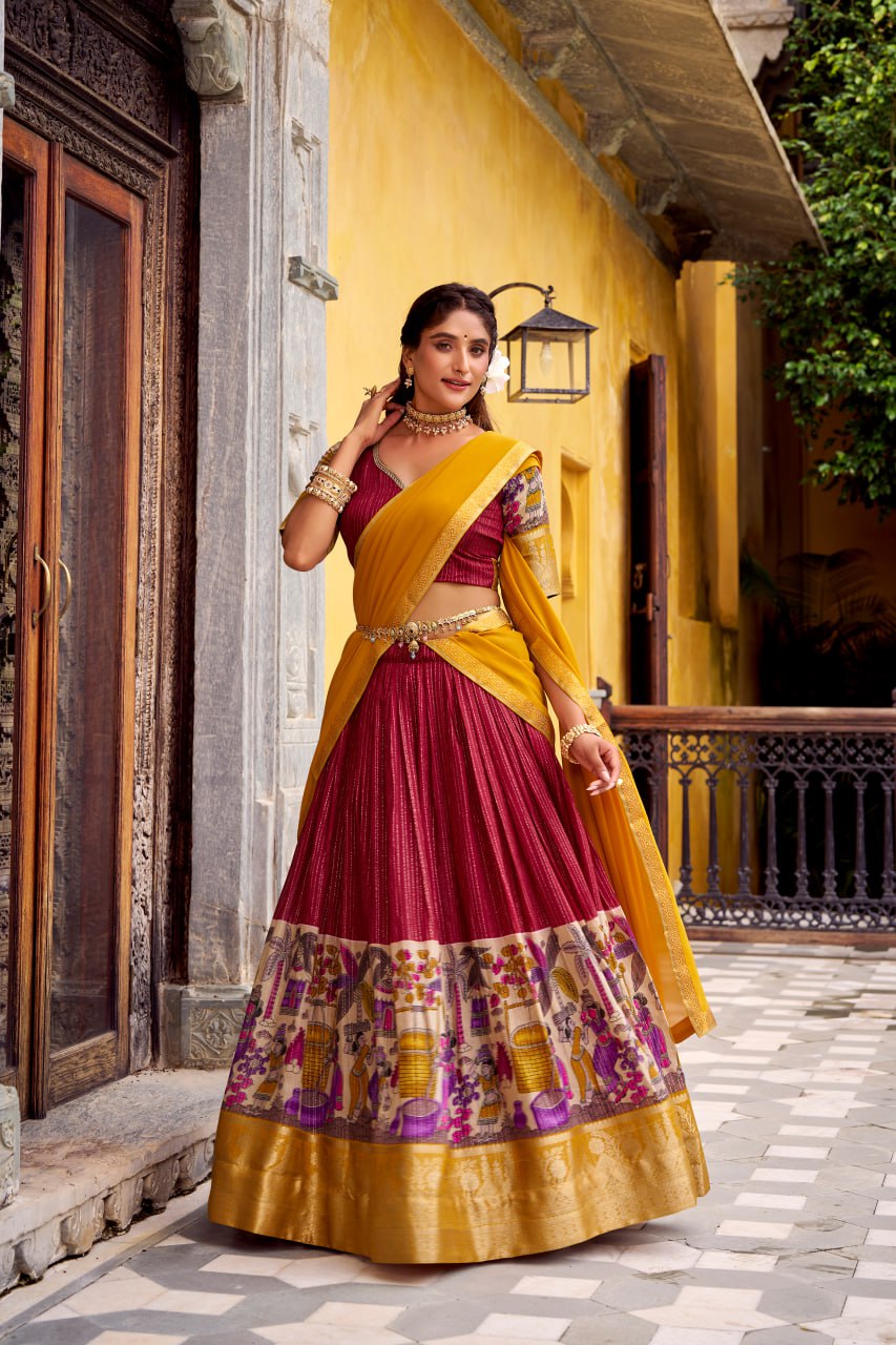 Red Poly Kalamkari Printed Chanderi Lehenga Choli