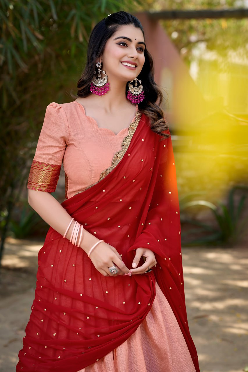 Peach Cotton Silk Lehenga Choli Thread Embroidery with Drape Georgette Dupatta