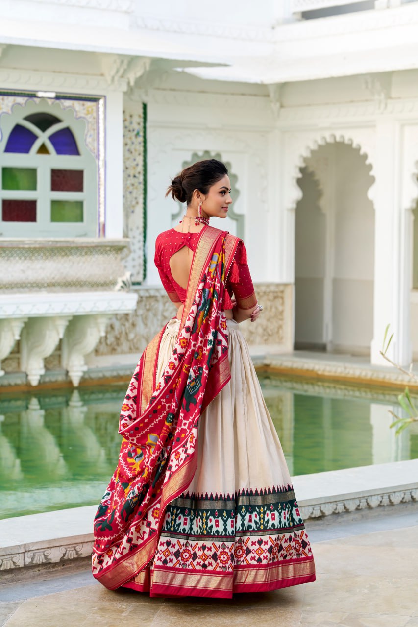 Tussar Silk Traditional Cream Patola Print Chaniya Choli for Navratri with Foil Work & Gotta Patti Dupatta