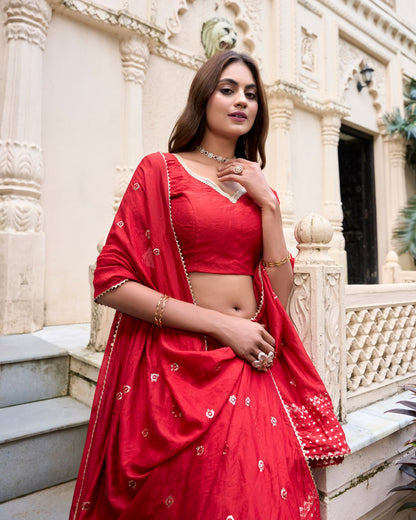 Pure Chanderi Red Chaniya Choli for Navratri with Zari Weaving Border & Sequins Dupatta