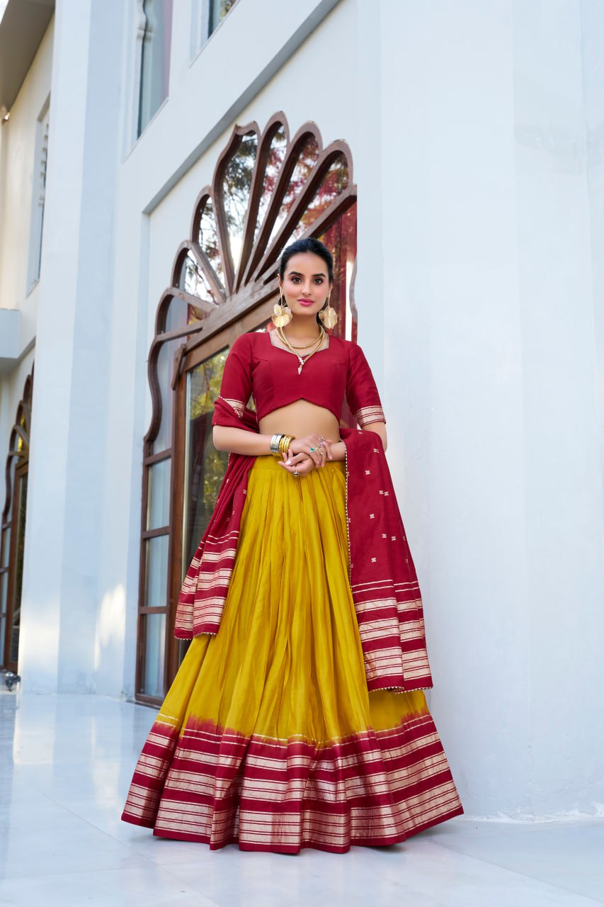 Designer Pure Chanderi Mustard Yellow Bridal Lehenga Choli with Zari Weaving Work & Dupatta