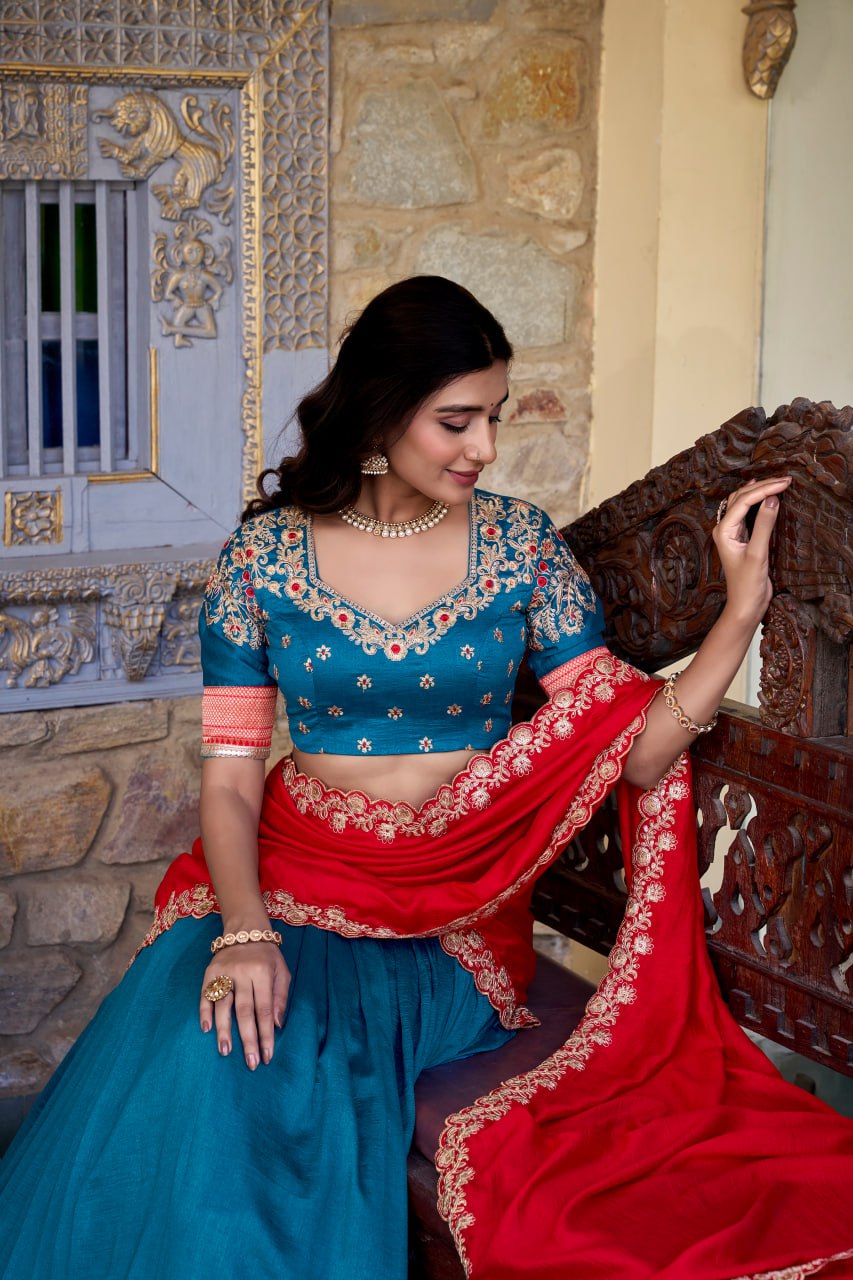 Teal Blue Party Wear Lehenga Choli with Zari Weaving & Dupatta