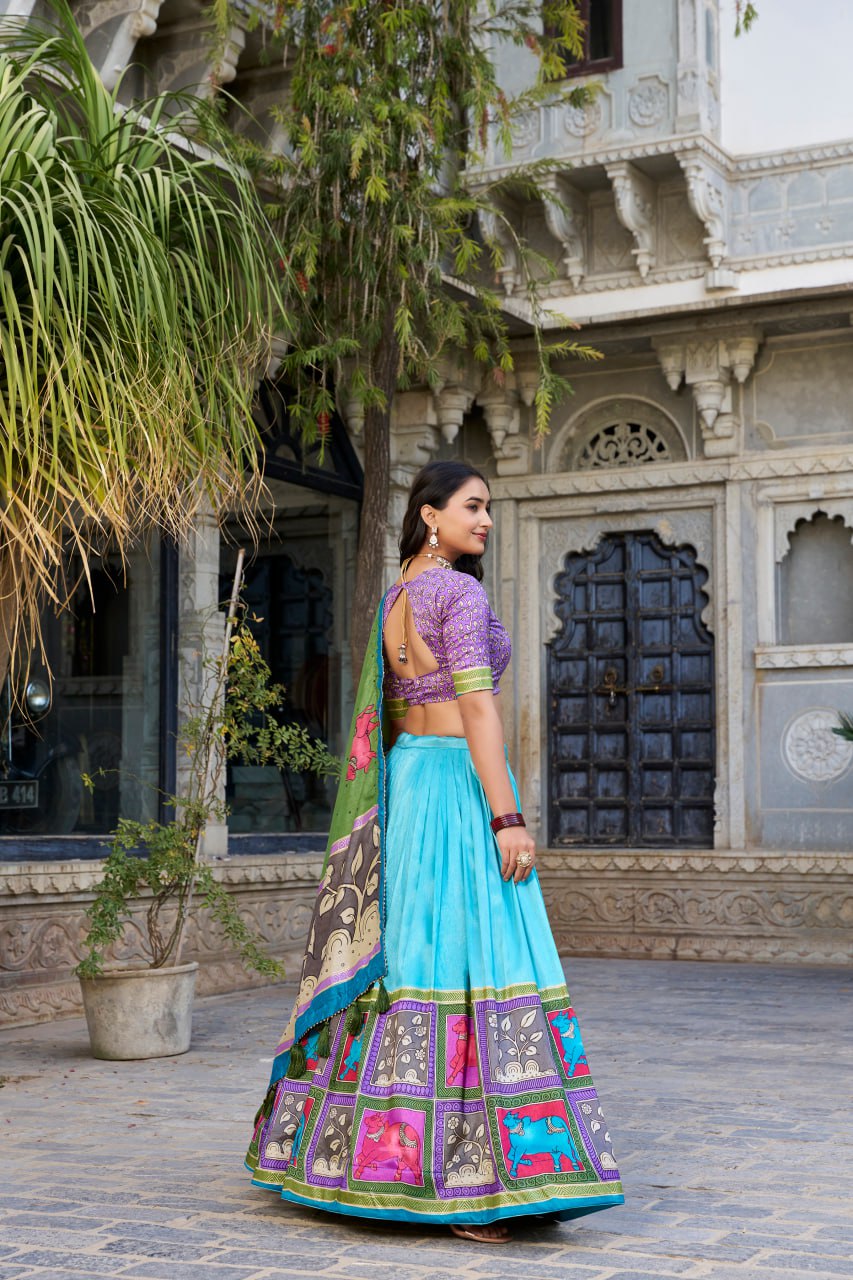 Sky Blue Kalamkari Lehenga Choli with Foil Work & Gota Patti Dupatta
