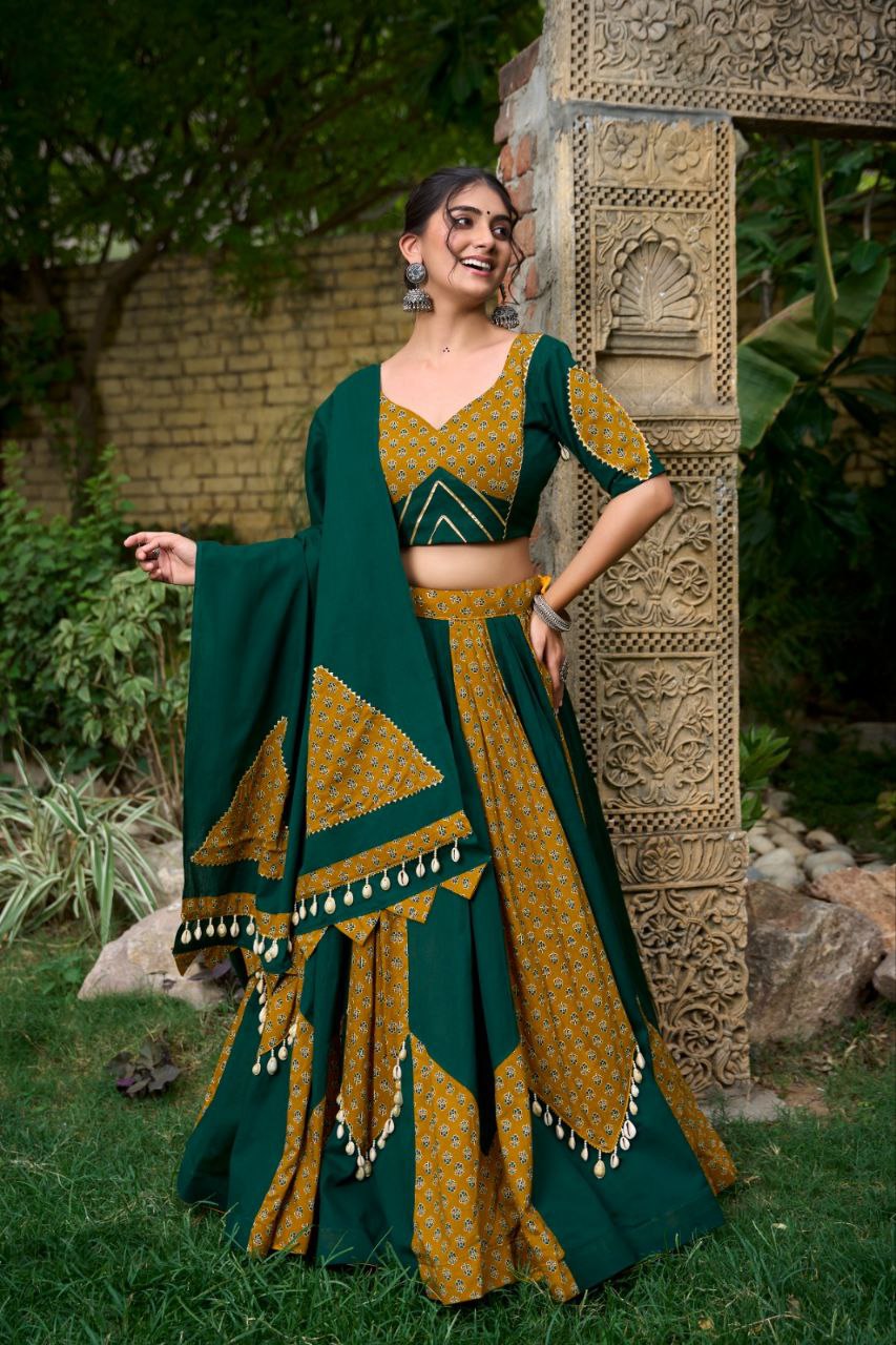 Cotton Chaniya Choli, Navratri Lehenga 2025, Mustard Green Lehenga, Cowrie Lace Choli, Printed Cotton Lehenga, Gota Patti Choli, Traditional Indian Wear, Dandiya Night Outfit, Festive Cotton Lehenga, Kodi Work Chaniya Choli