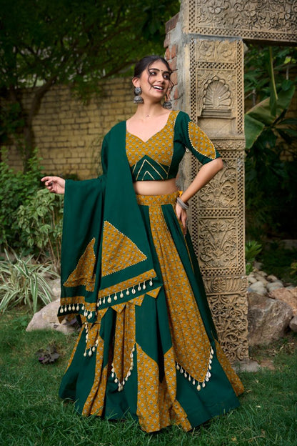 Cotton Chaniya Choli, Navratri Lehenga 2025, Mustard Green Lehenga, Cowrie Lace Choli, Printed Cotton Lehenga, Gota Patti Choli, Traditional Indian Wear, Dandiya Night Outfit, Festive Cotton Lehenga, Kodi Work Chaniya Choli