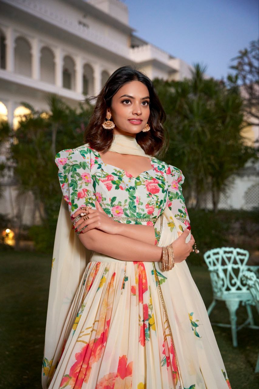 Floral Georgette Lehenga, Summer Lehenga Choli, Printed Lehenga for Women, Daytime Ethnic Wear, Lace Border Dupatta, Haldi Mehndi Outfit, Lightweight Festive Wear, Lehenga Choli 1021, Georgette Printed Lehenga, Ethnic Set for Spring Festivals