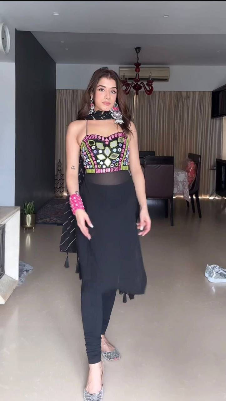 Faux Georgette Mirror Work Top Set with Printed Dupatta