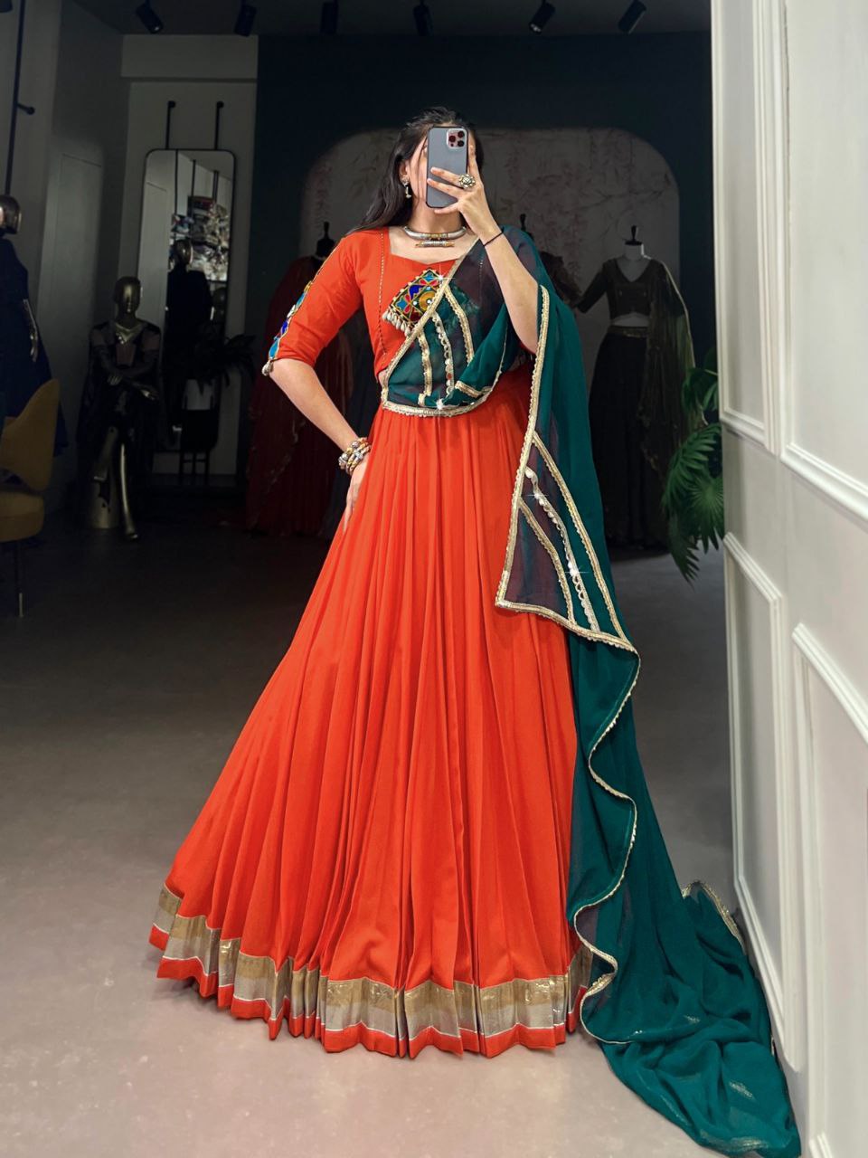 Navratri Collection 2025, Mirror Work Lehenga, Gamthi Work Blouse, Rayon Lehenga Choli, Kodi Lace Lehenga, Festival Lehenga 2025, Traditional Garba Outfit, 8 Meter Flair Lehenga, Cowrie Lace Choli, Ethnic Wear for Women, Dandiya Night Outfit, Indian Festive Wear, Embossed Rayon Lehenga