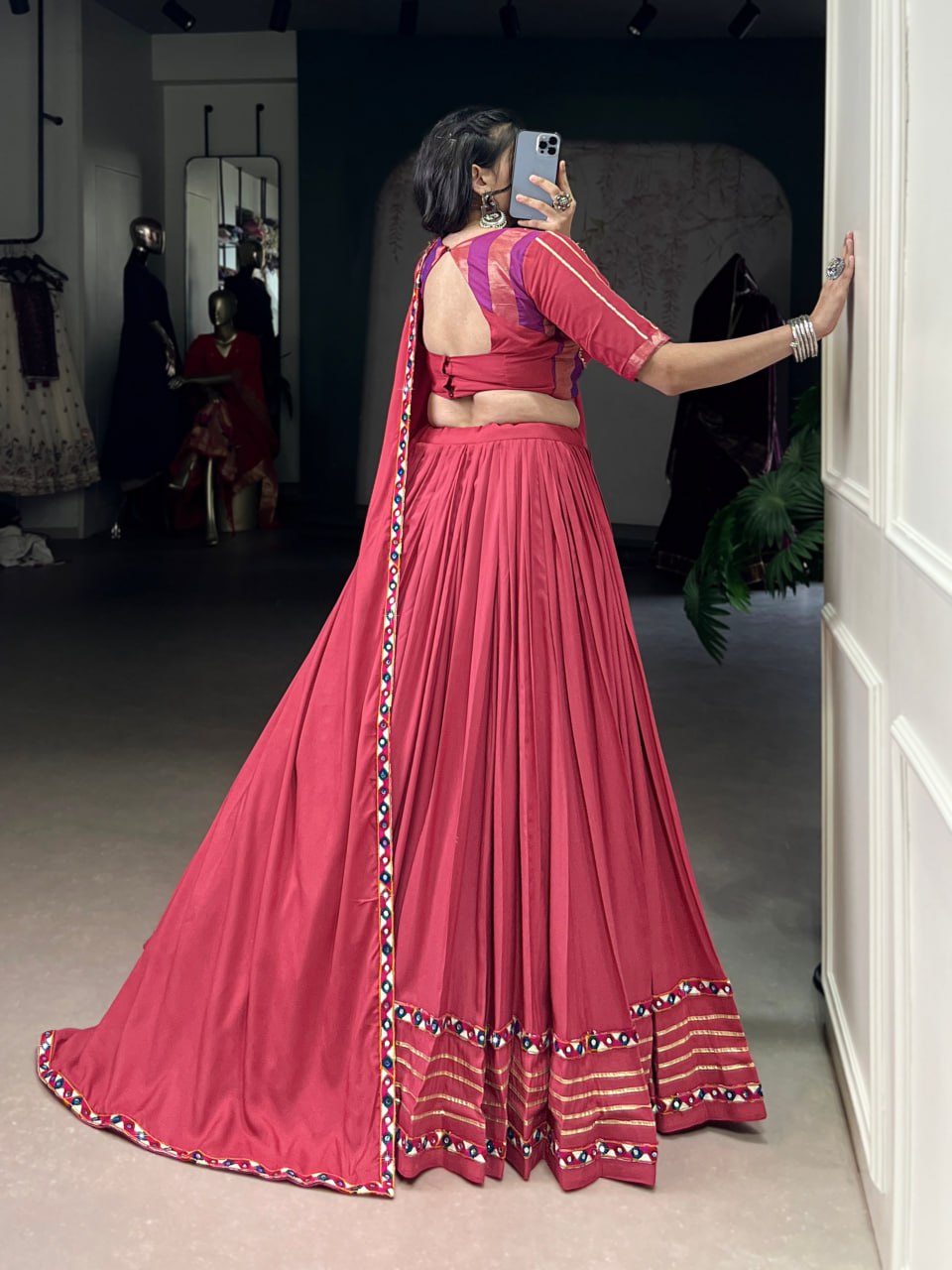 Light Pink Rayon Original Mirror Work Gamthi Lehenga Choli