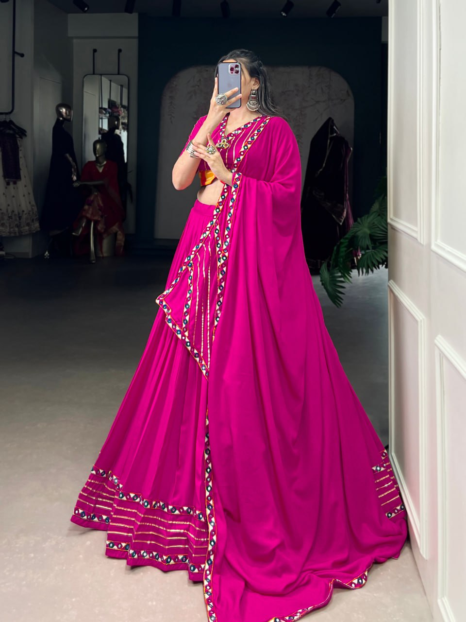 Pink Rayon Original Mirror Work Gamthi Lehenga Choli