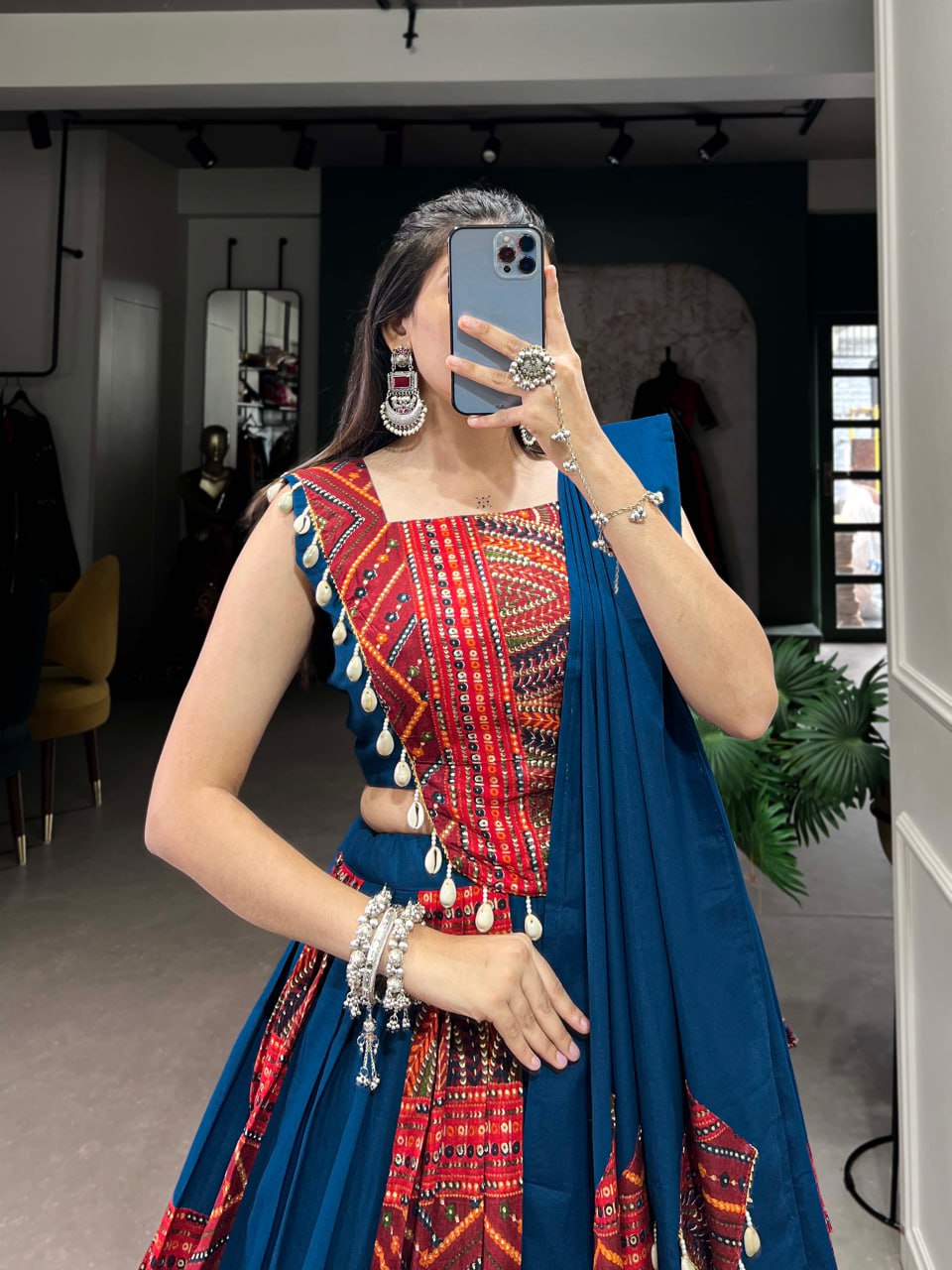 Blue Pure Cotton Printed Foil Work Navratri Lehenga Choli with Dupatta