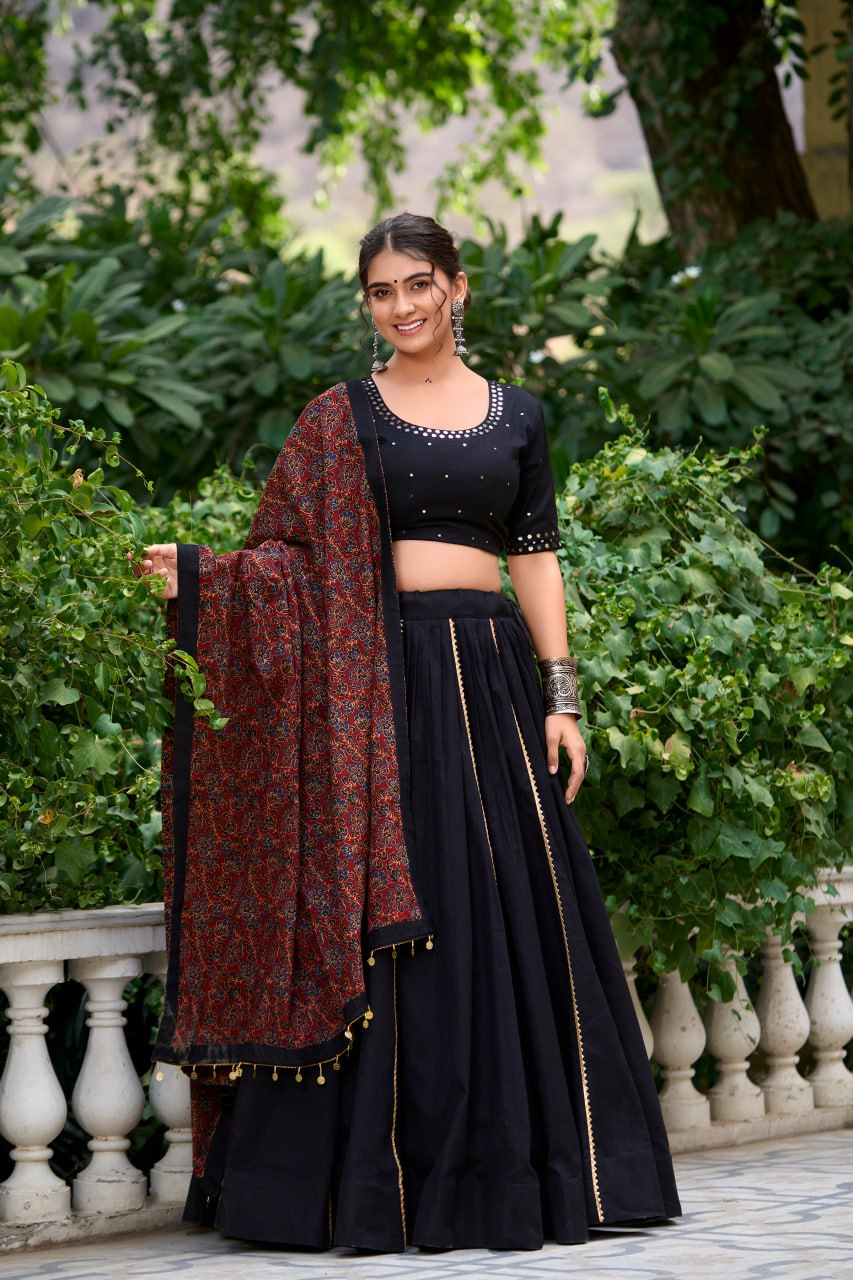 Black Pure Cotton Kutchi Hand Work Chaniya Choli with Printed Dupatta