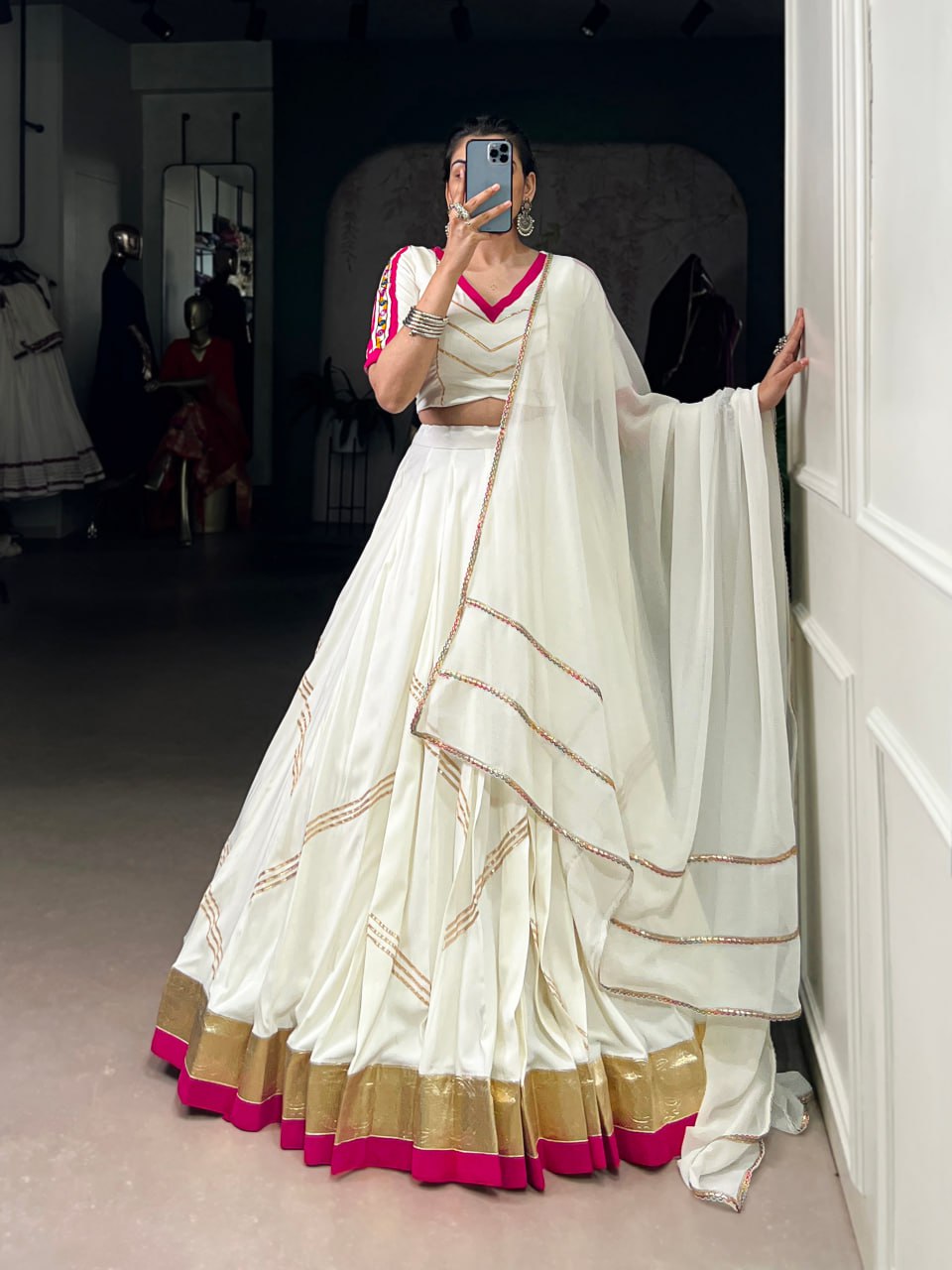 White Rayon Navratri Lehenga Choli with Mirror & Gota Patti Work