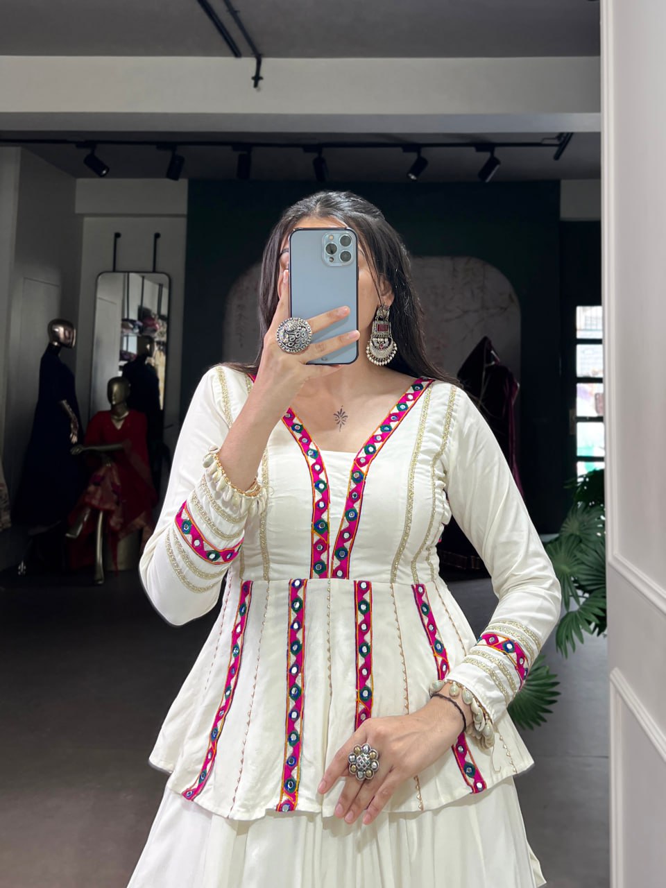 Rayon Designer White Mirror Gamthi Work Chaniya Choli for Navratri