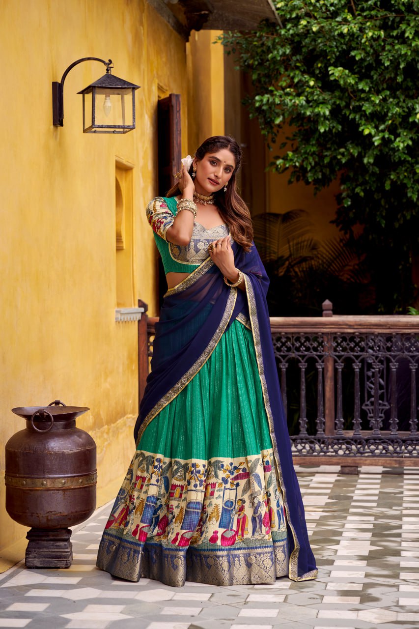 Bottle Green Poly Kalamkari Printed Chanderi Lehenga Choli