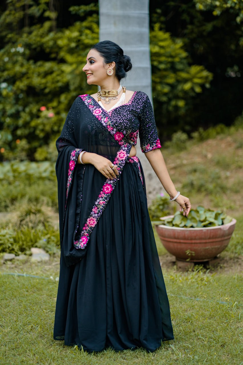 Black Georgette Lehenga Choli with Sequins & Thread Embroidery