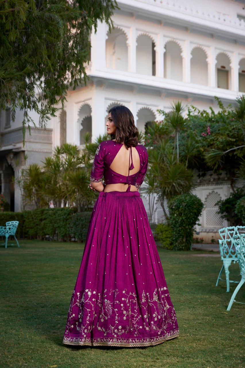 Wine Vichitra Silk Lehenga Choli with Sequins & Thread Embroidery