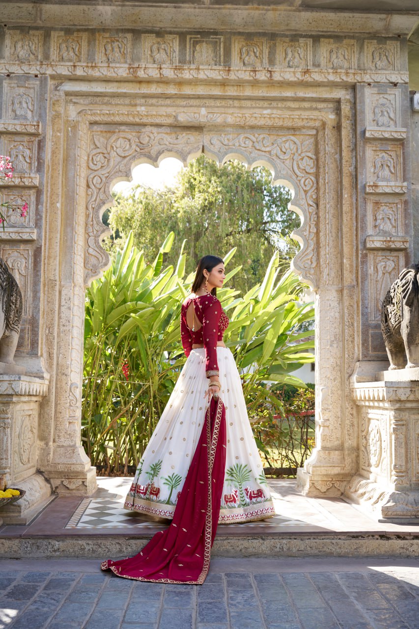 White Maroon Georgette Bridesmaid Lehenga Choli with Sequins
