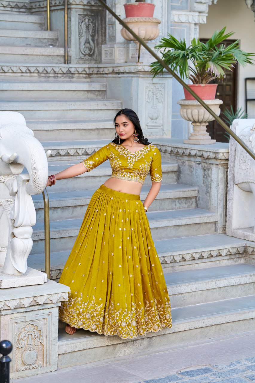 Mustard Vichitra Silk Bridesmaid Lehenga Choli with Sequins & Thread Embroidery
