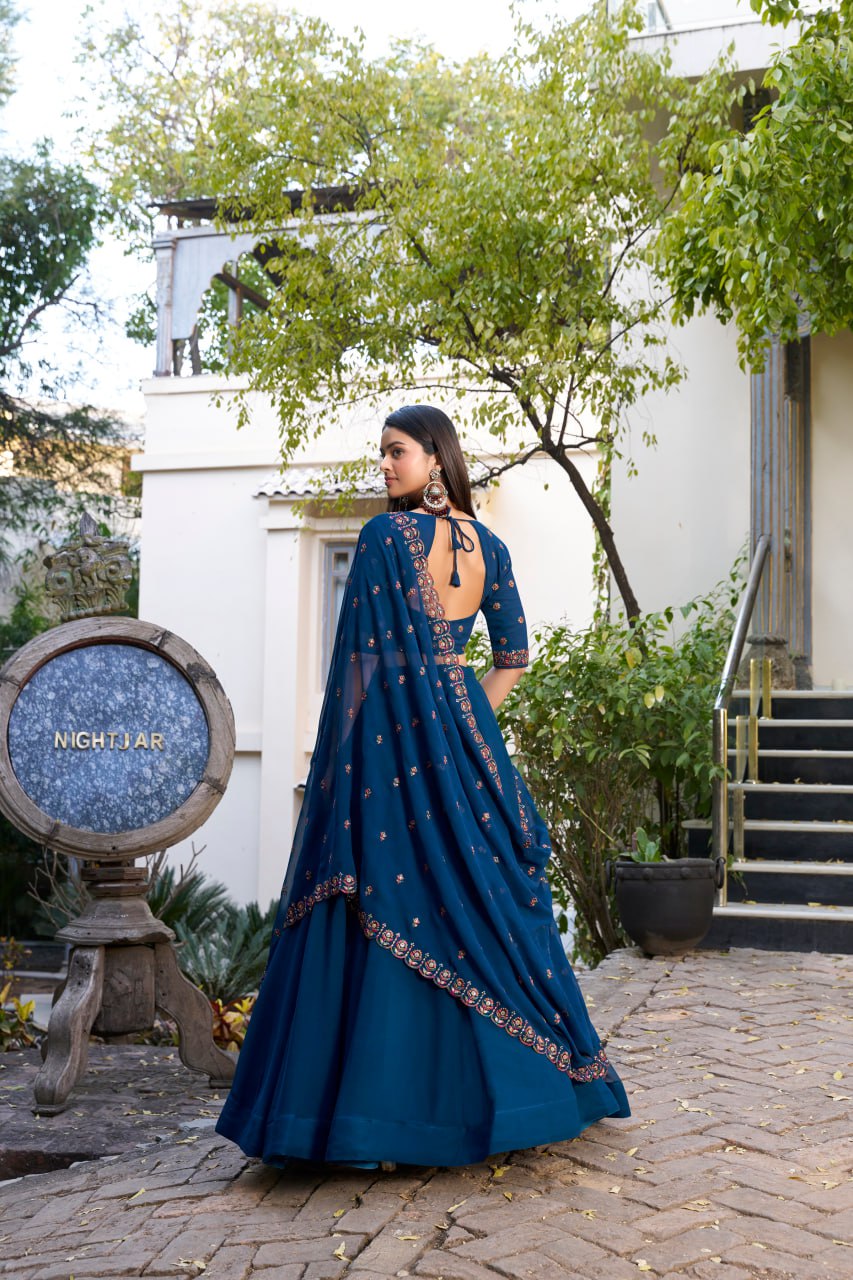 Navy Blue Georgette Bollywood Lehenga Choli with Sequins Embroidered Blouse & Dupatta