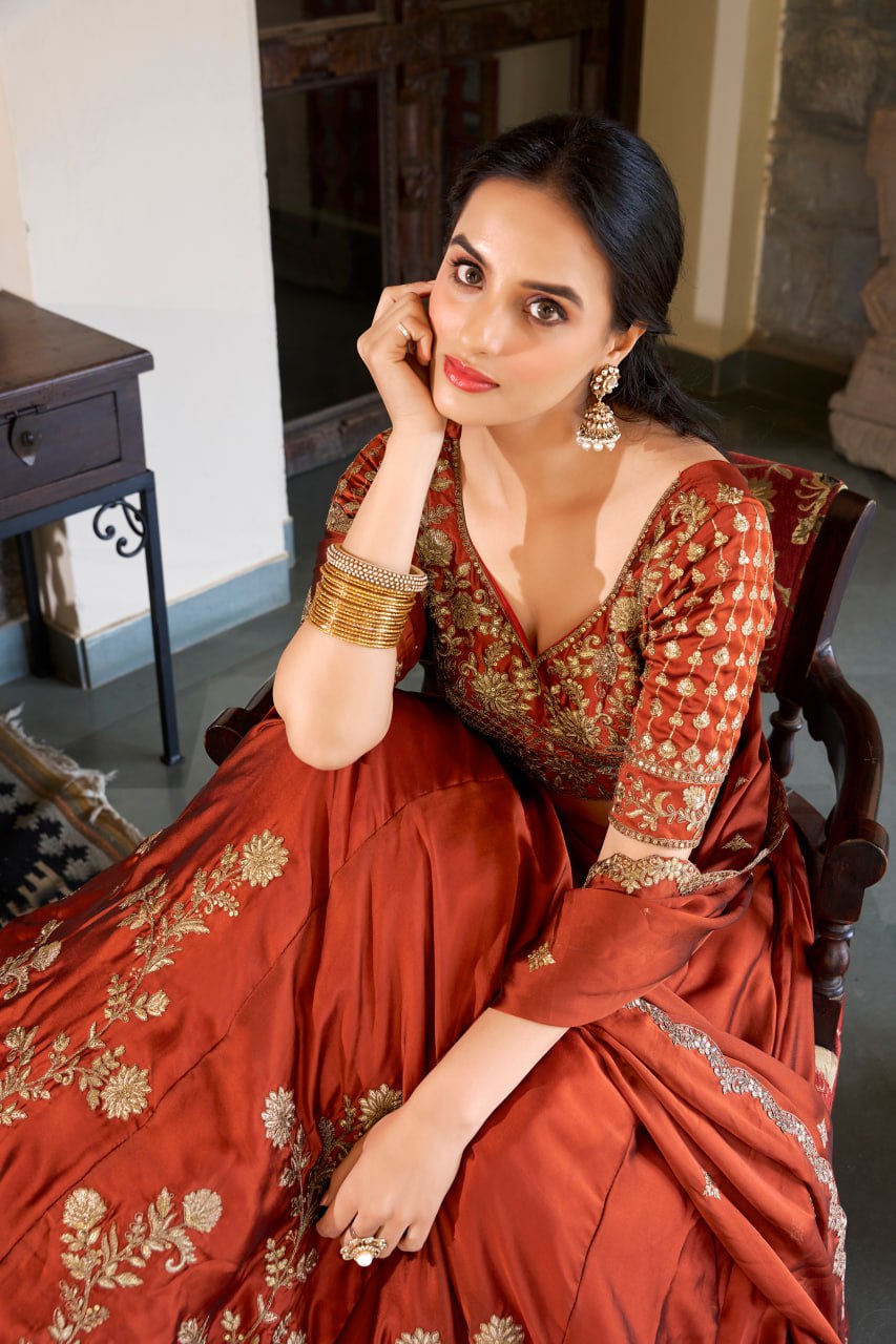Designer Rust Rangoli Silk Bridal Party Wear Lehenga Choli