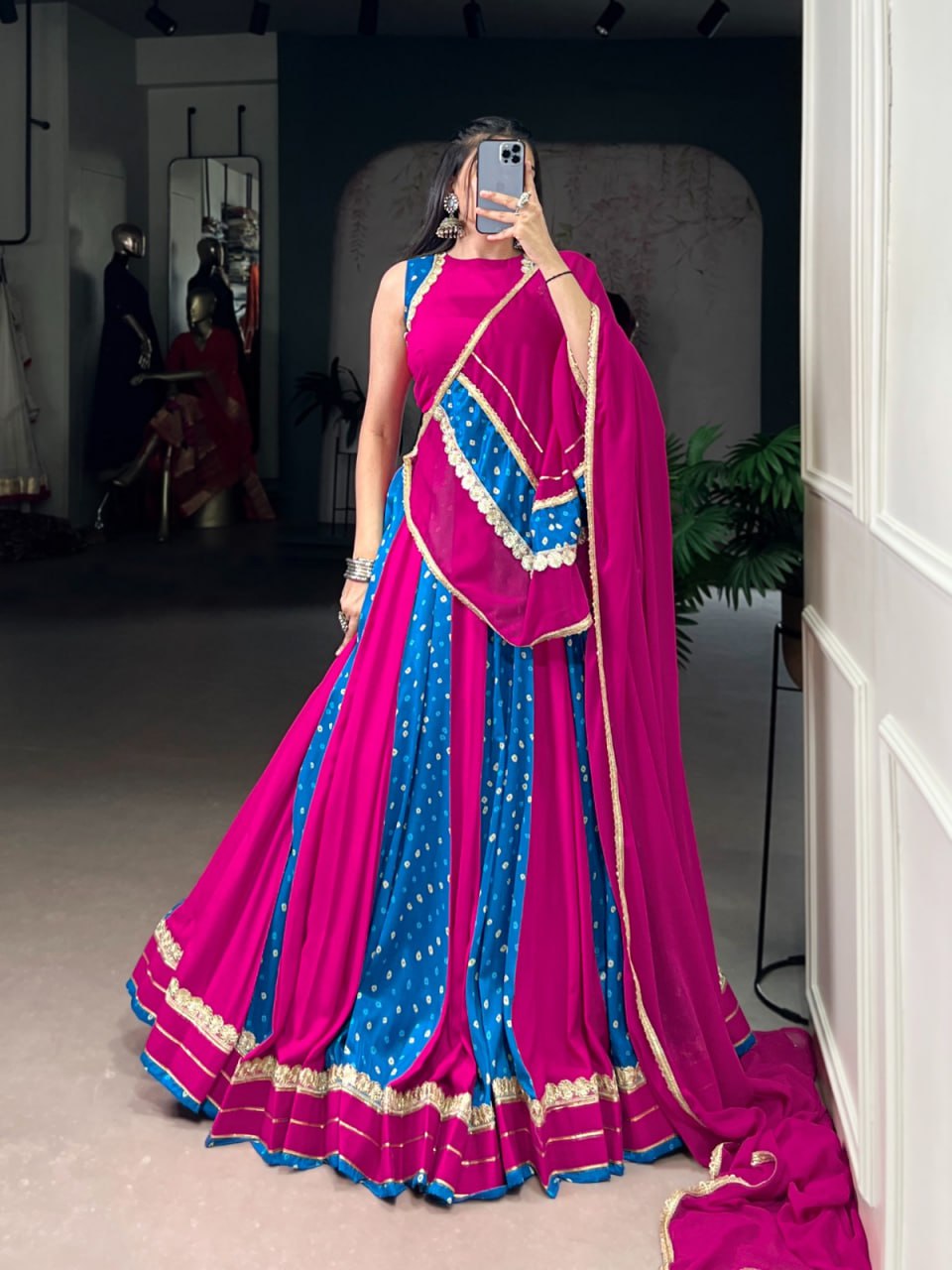 Magenta & Blue Bandhani Chaniya Choli for Navratri in Tasar Silk with Lace Detail