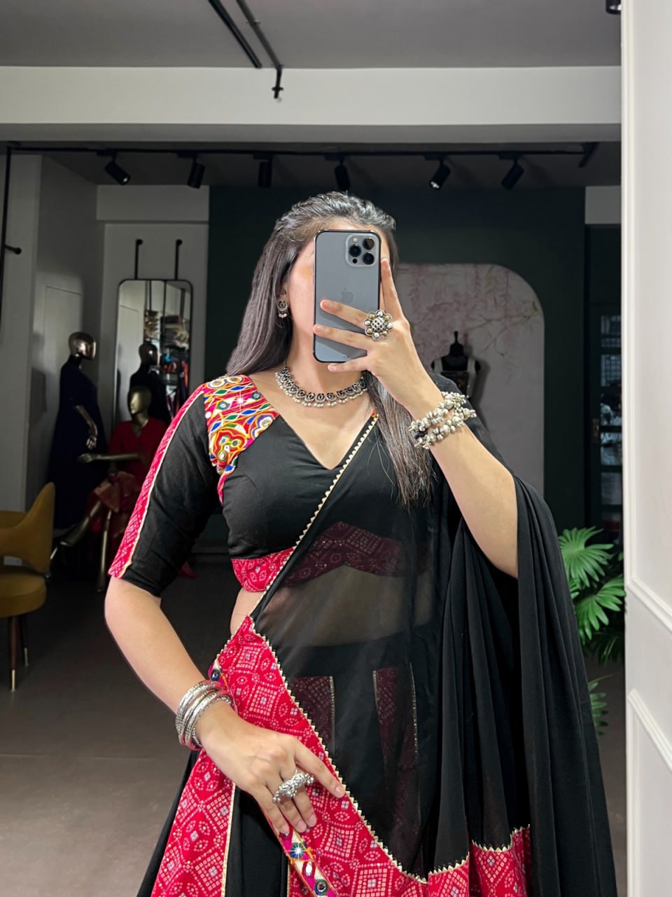 Black & Red Bandhej Chaniya Choli for Navratri with Mirror Gamthi & Gotta Patti