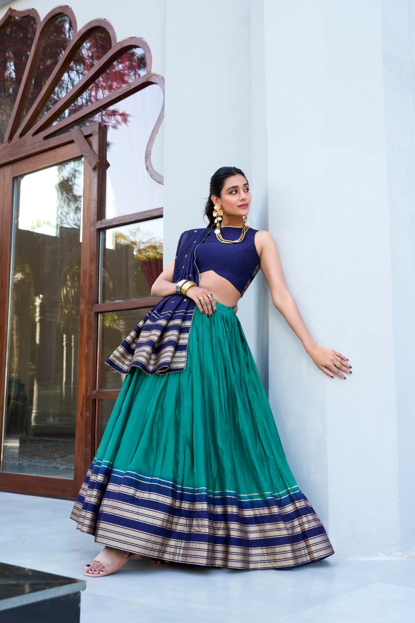 Designer Pure Chanderi Teal Green Bridal Lehenga Choli with Zari Weaving Work & Dupatta