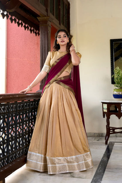 Cream Heritage Kanchipuram Silk Lehenga Choli with Zari Weaving & Dupatta