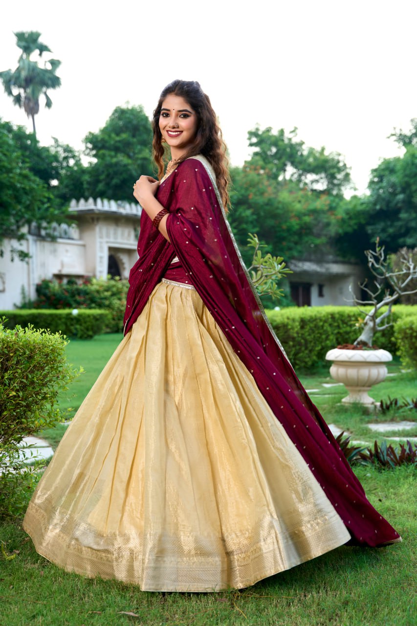 Cream Kanchipuram Lehenga Choli with Zari Weaving Work & Vichitra Silk Embroidered Dupatta