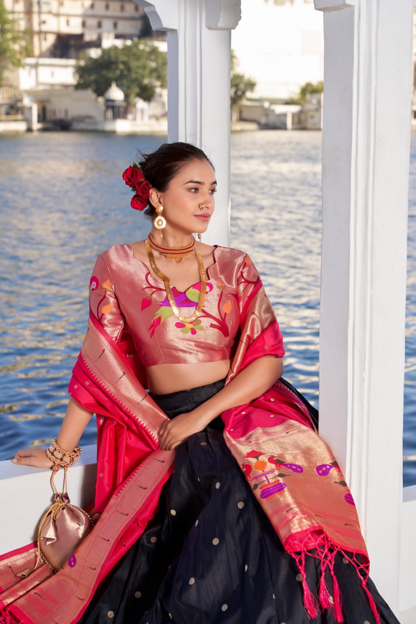 Black Paithani Traditional Lehenga Choli with Dupatta & Zari Weaving