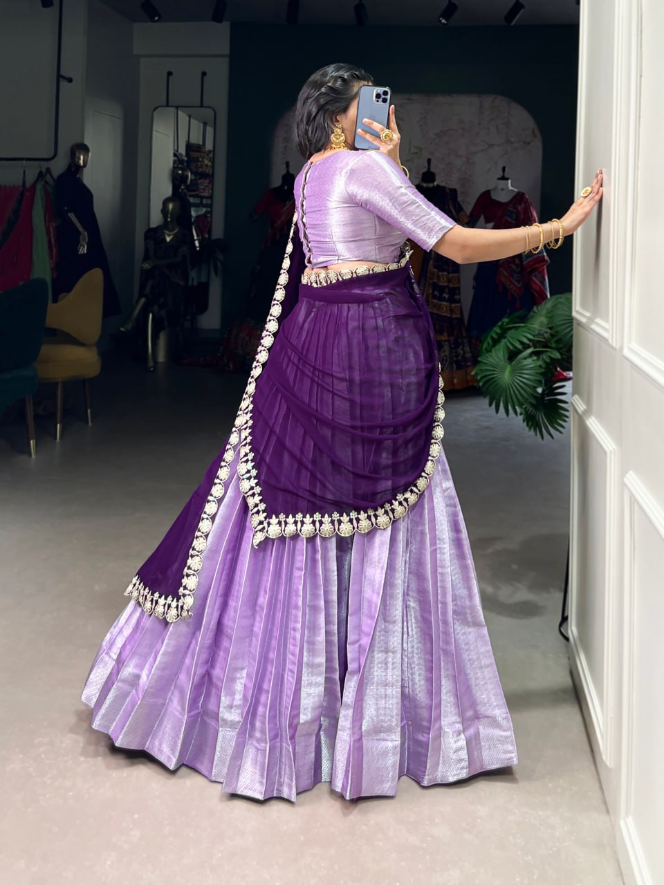 Festive Lavender Lehenga Choli with Weaving Work & Georgette Embroidered Dupatta