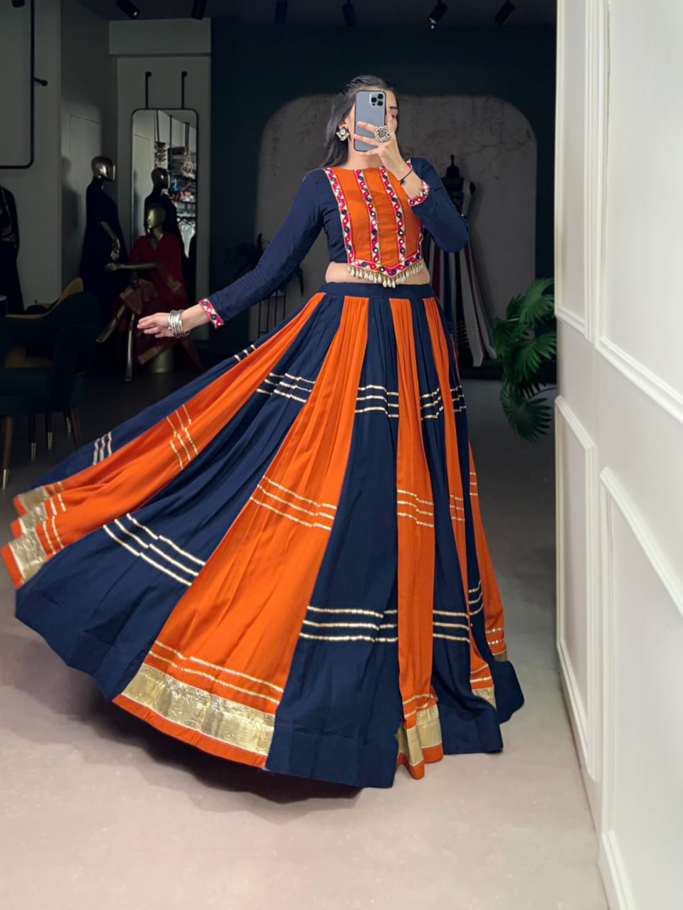 Pure Rayon Mirror Gamthi Work Chaniya Choli for Navratri & Gota Patti Lace