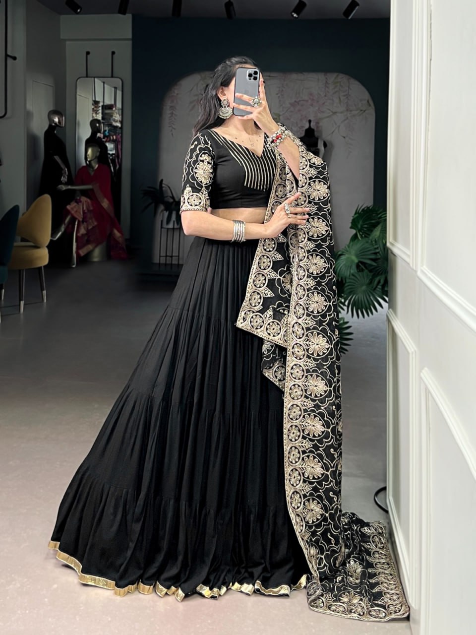 Black Rayon Chaniya Choli for Navratri with Golden Embroidery