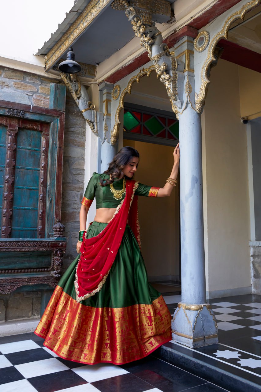Designer Dark Green Lehenga Choli with Zari Weaving & Dupatta