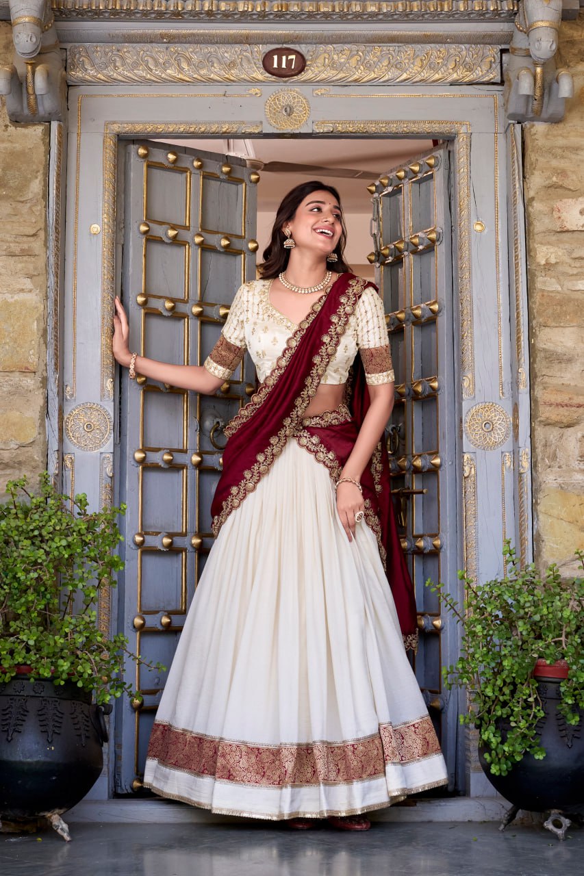 White Party Wear Lehenga Choli with Zari Weaving & Dupatta