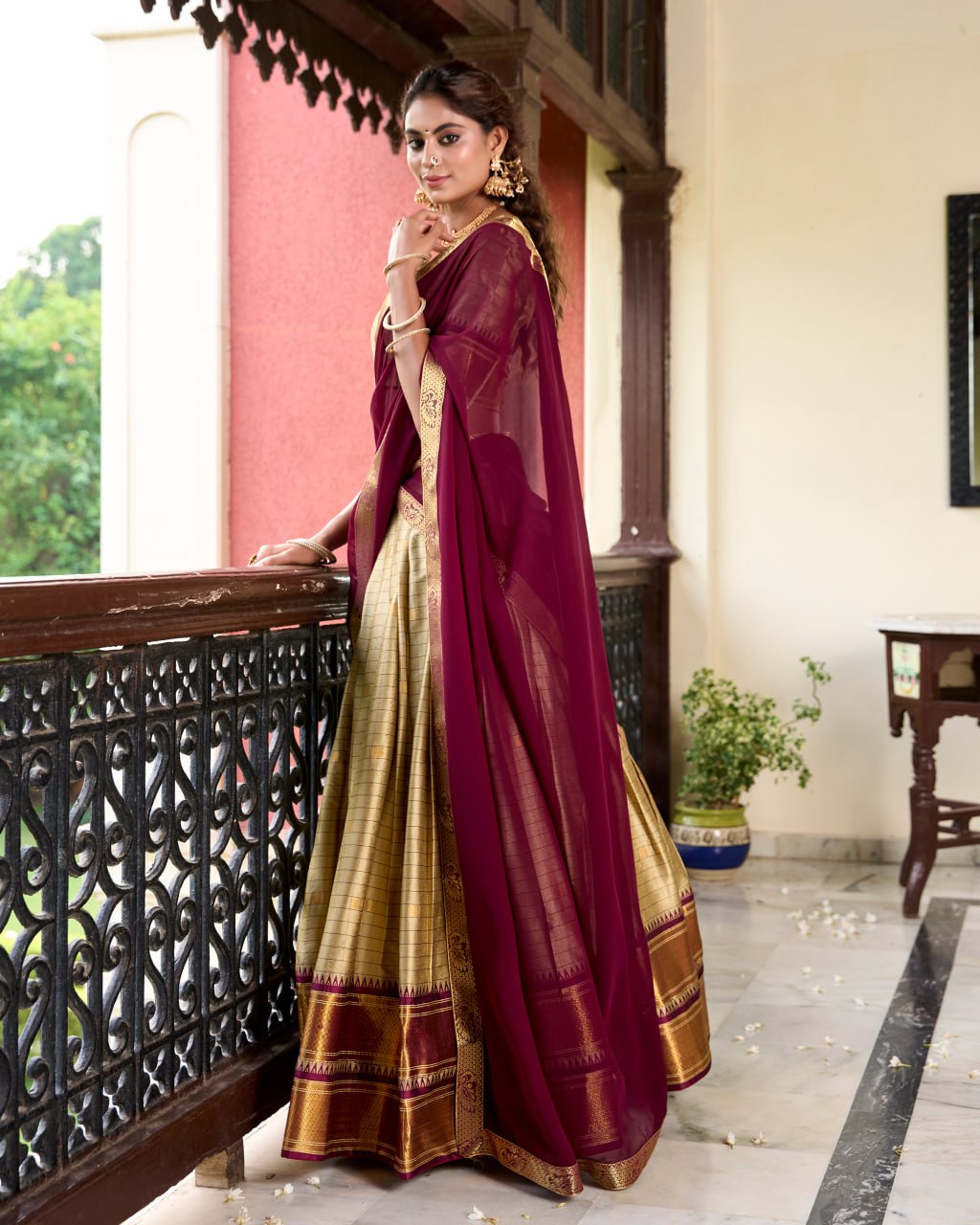 Brown Cotton Silk Paithani Bridesmaid Lehenga Choli with Weaving Work & Dupatta