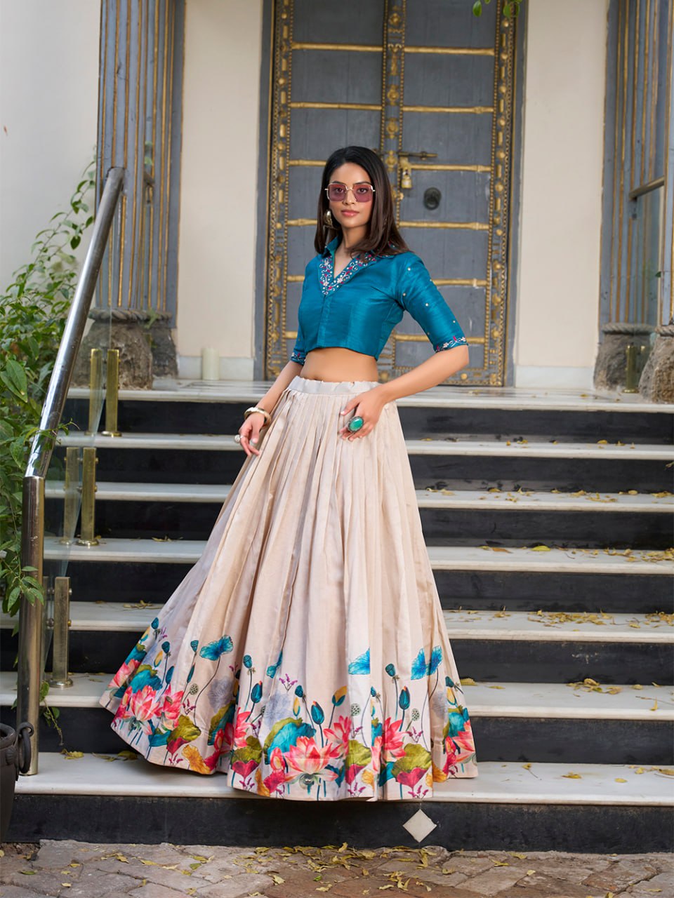 Floral Print Co-ord set Lehenga with Hand Mirror Work