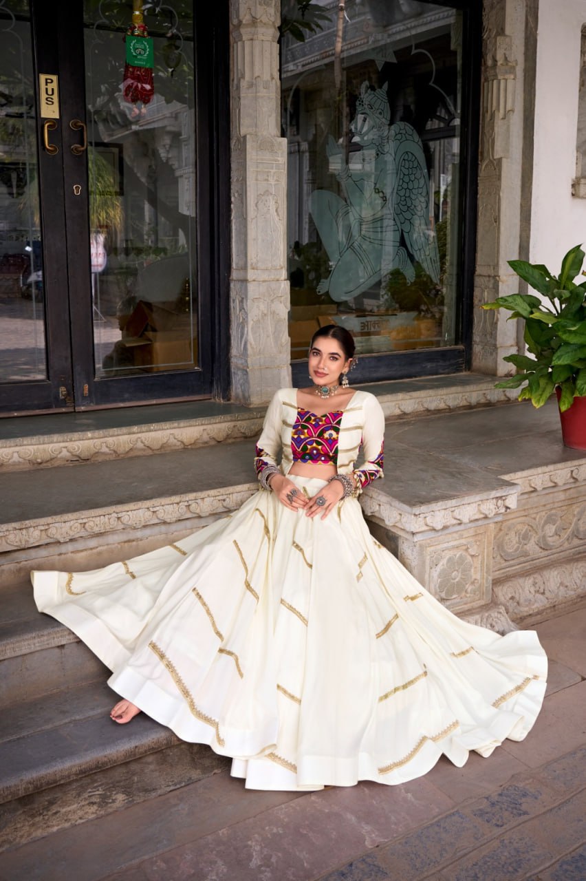 White Mirror Work Gamthi Chaniya Choli for Navratri