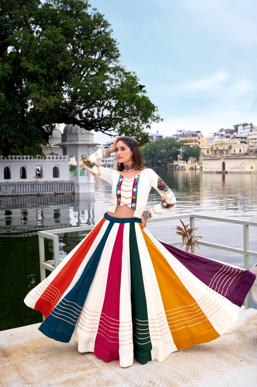 Multicolor Stripe Kutchi Mirror Hand Work Chaniya Choli for Navaratri