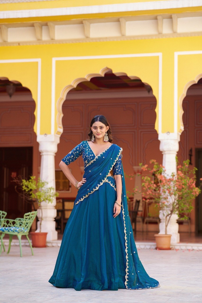 Teal Blue Fendi Work Lehenga Choli with Dupatta